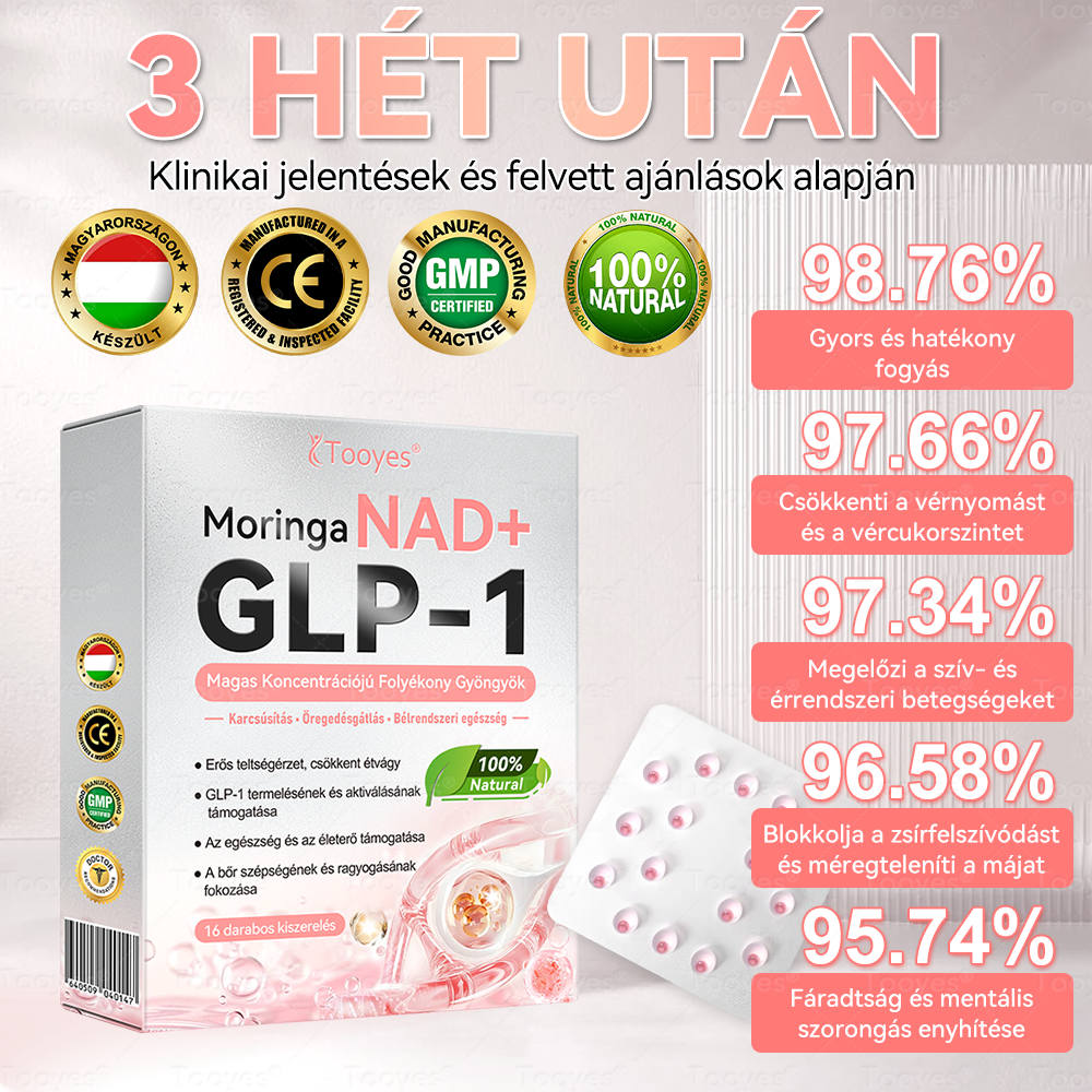 Hivatalos webáruház – Tooyes® GLP-1 Magas Koncentrációjú Folyékony Gyöngyök – NAD+, Moringa, HCA összetevőkkel (Fogyás, Öregedésgátlás, Bél- és Immunrendszer támogatás, Vércukorszint egyensúly, Szív- és Agyegészség)