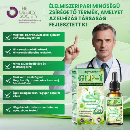 Klymoza® GLP-1 BioMetabolikus Cseppek 🏆 Élelmiszeripari zsírégető — a Magyar Elhízástudományi Társaság (HSSO) fejlesztésében